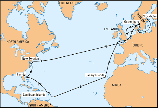 Travel route from Sweden and New Sweden